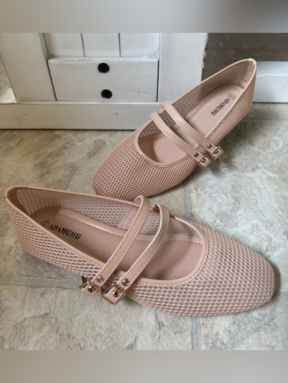 Women’s Dual-Strap Mesh Ballet Flat in Apricot